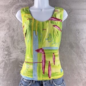 Kenzo Studio Top Womens Size 10 Green Fish Print Sleeveless Novelty Abstract